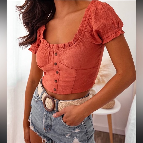 Love Tree Tops - Rusty Orange Puff Sleeve Crop Blouse